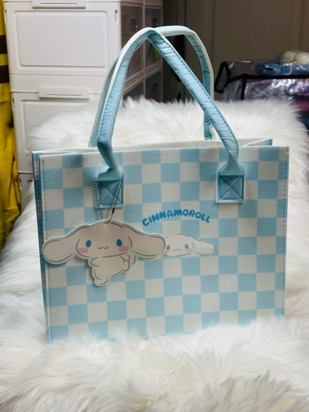 Sanrio Cinnamoroll Blue and White Check Tote Bag - Picture 1 of 8